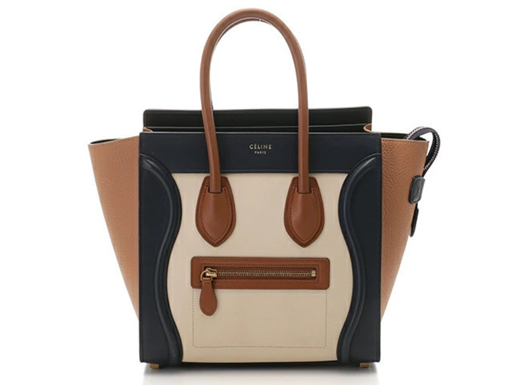 Celine Luggage Tote Tote Bag Navy Blue Ivory White Brown